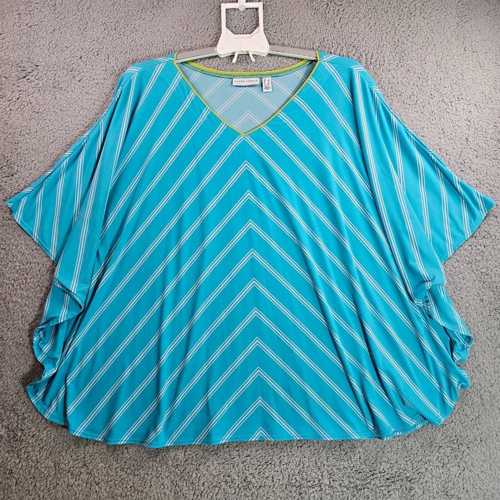 Susan Graver Top Blouse Women 1X Poncho Style‎ V Neck Teal Blue - 1X